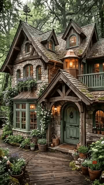 A stone cottage in the woods with warm lantern light glowing from its windows